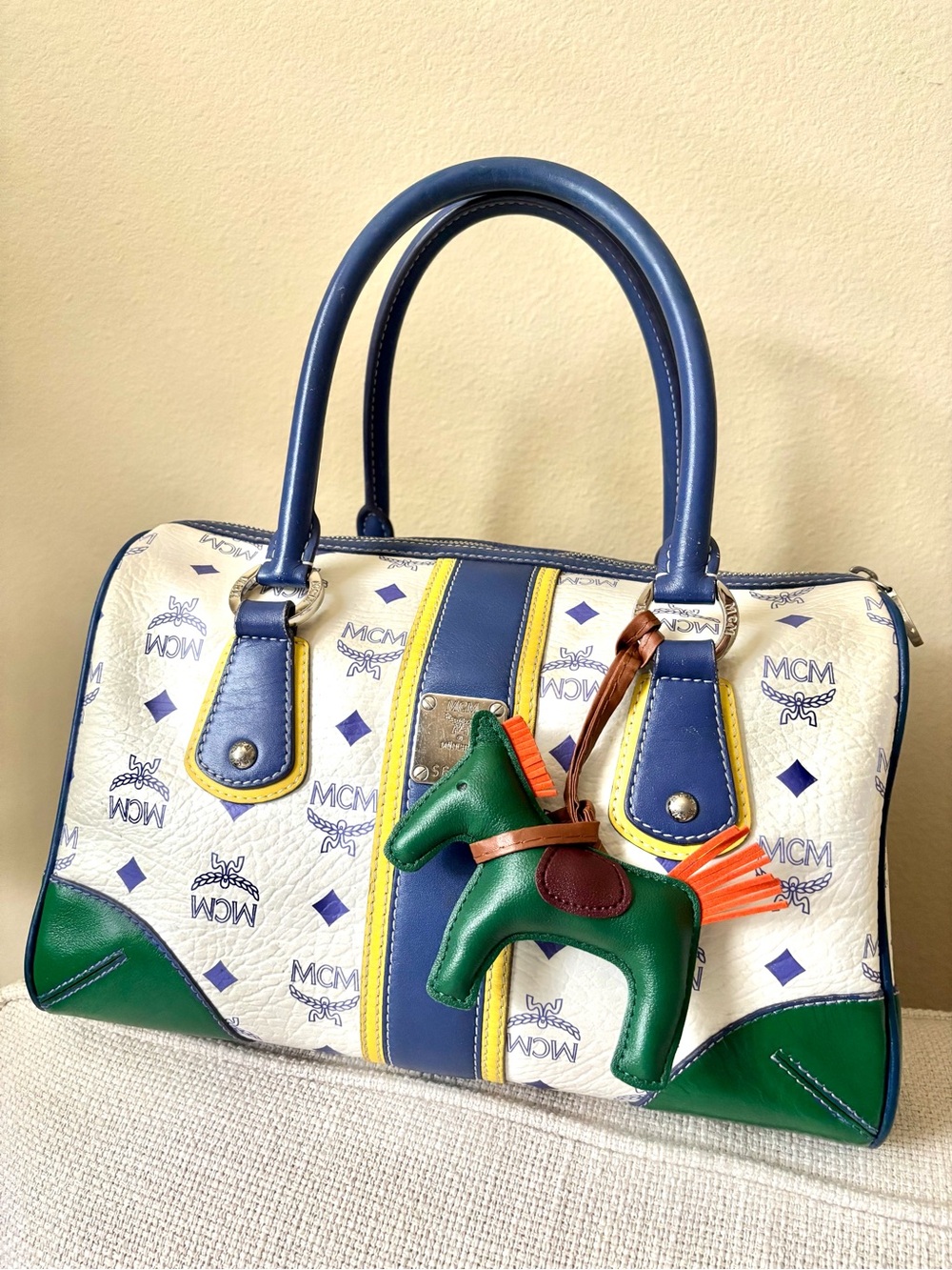 MCM White, Blue & Green Logo Satchel with Yellow Trim